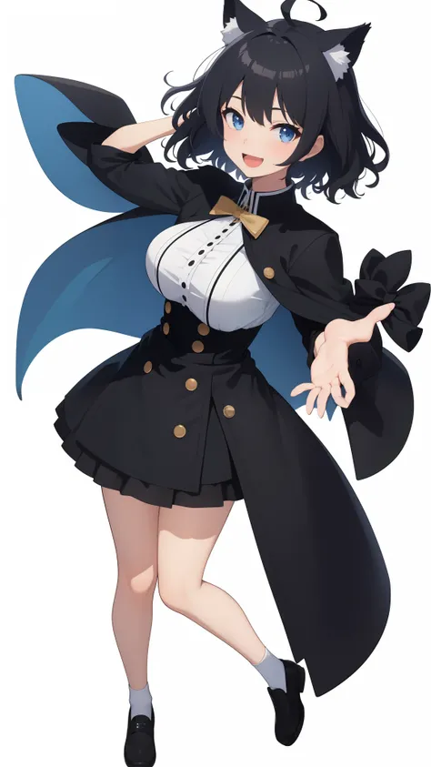 Full body,((((Upright)))), ((((Arms at sides)))), Looking at Viewer, simple background、White background, 1girl in, Open mouth, Smile, Virtual Youtuber、girl with、((Best Quality, high_resolution, Distinct_image)),(Black hair), (Black cat ears), (Ahoge), (abs...