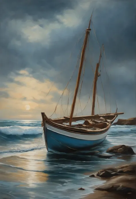 a painting depicts a boat on a beach, in the style of realistic seascapes, ferrania p30, dark white and light blue, yaka art, nostalgic paintings, oil portraitures, detailed perfection --ar 128:91