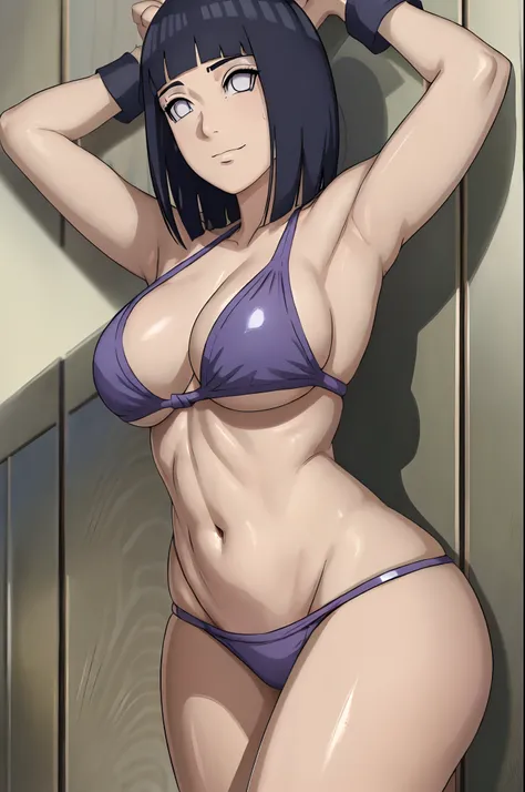 poster, anime style, hires ((wrestling ground)), (hinata(boruto), (female wrestler), (slender body, sweating, tired), mature woman, milf, (bikini, ultra detailed pro wrestling gear) victorious, gorgeous, winner, kind face, smile, closed mouth, (pale skin, ...