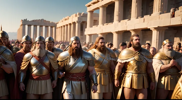 Visualize the Greeks, led by Agamemnon, the brother of Menelaus, assembling a formidable army and besieging the city of Troy in a massive and imposing scene