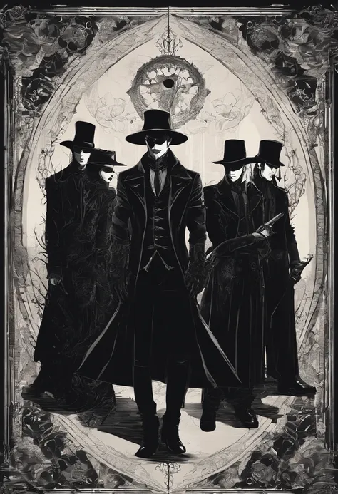 A group of men wearing black suits and long black hats, stunning style, gathering