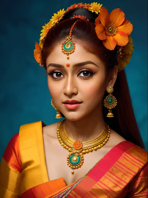 Looks like Nayanthara, a close up of a woman in a colorful dress with a flower in her hair, extremely gorgeous woman, matchless beauty, queen, very beautiful enga style, with colourful intricate, candid shot, traditional beauty, candid picture, orange deta...