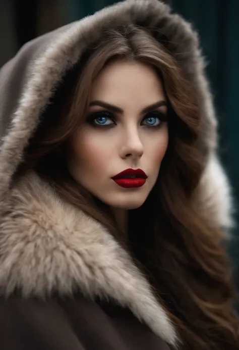 Big eyes, long hair, eyes, cold eyes, red lips, high nose, proud black silk, coat