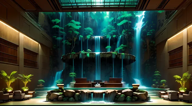 (best quality:1.0), the lobby of a gigantic corporate building, comics style, ((large reception desk with a small waterfall behi...