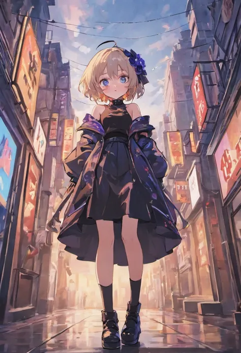 masterpiece, extremely detailed wallpaper, 8K, high resolution, off shoulder black jacket, black skirt, black boots, black beret, white uniform, purple flower on head, headband, blue eyes, A bustling city street, white short hair