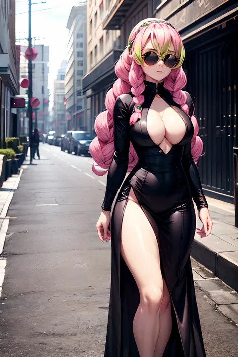 1 girl, long pink-green, white headband, medium breasts, big hips, beautiful legs, perfectly detailed, she wears black evening dress with a hip-high slit showing Leg ,black sun glasses, she is a shy girl, she walks down the street