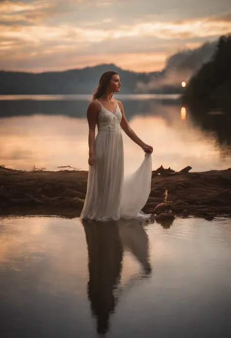 A women in a white tight silk dress standing on top of a beach next to a lake, light painting of a Giant angel in the background, lightpainting, amazing lighting effect, light art, beautiful lighting effects, light paint, diffuse lightpainting, anamorphic ...