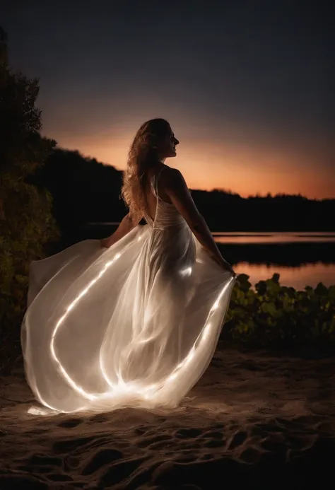 A women in a white tight silk dress standing on top of a beach next to a lake, light painting of a Giant angel in the background, lightpainting, amazing lighting effect, light art, beautiful lighting effects, light paint, diffuse lightpainting, anamorphic ...