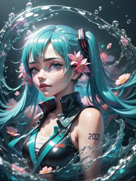 (masterpiece, best quality, highres, anime, pixiv), (1girl, solo, hatsune miku, in an abstract water, looking at viewer), (romanticized, bloom, swirling lights, light particles, detailed, 8k)