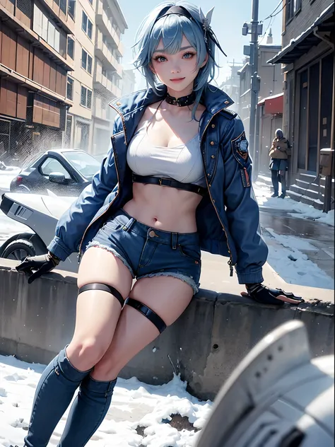 Eula(genshin impact), extremely detailed, 1 girl,snowy, winter,((( wearing blue jacket))), (((very tiny denim shorts))), skirt lift,realistic anime, 4k, wallpaper, smiling,light blue hairs, black hairband, wide hips, big breasts,(((street)))