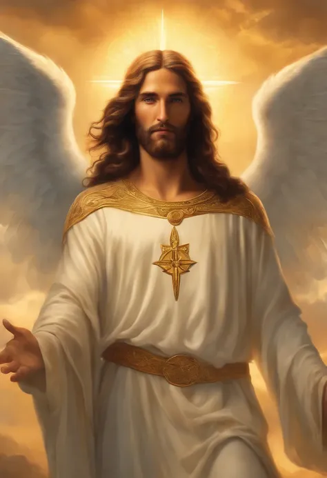 An 8K high-definition portrait of an 18-year-old angel man(( Jesus Cristo)) ((Um homem anjo)) An angel man with several majestic wings,(( o Filho de Deus)), Deus, Luthien, arte de deus, Deus da mitologia grega, Deus da Lua, Deus do amor e da paz, deus boni...