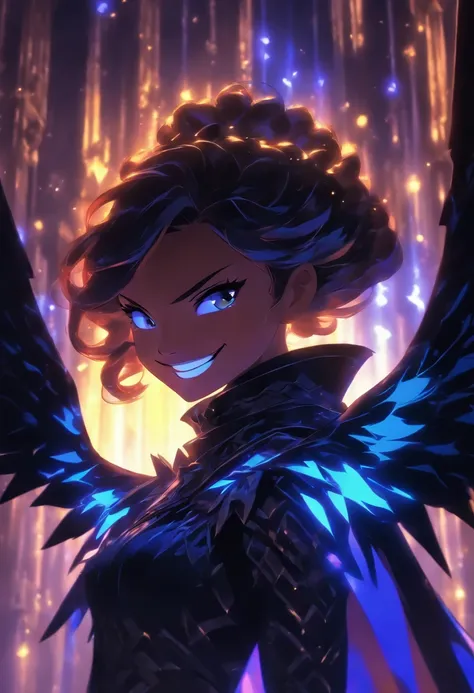 Smiling woman with black wings, black clothes, medieval times, reflected light, white and black light