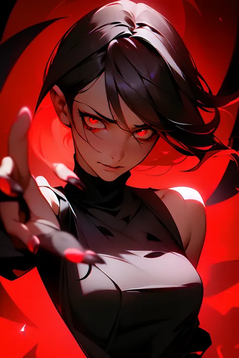 ((Best quality)), ((Masterpiece)), (Detailed: 1.4), Black dress, Dark black hair, woman, Hair fluttering，Glowing red eyes, Black background, Dark environment, Scary, junji ito undertones, Inspired by Japanese horror films, Fingers open, Fingers scratch you...