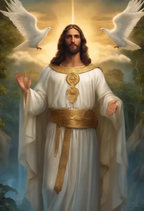 An 8K high-definition portrait of an 18-year-old man(( Jesus Cristo de corpo inteiro)) ((Um homem anjo)), (( o Filho de Deus)), Deus, Luthien, arte de deus, Deus da mitologia grega, Deus da Lua, Deus do amor e da paz, deus bonito, Mitologia do Deus da Terr...