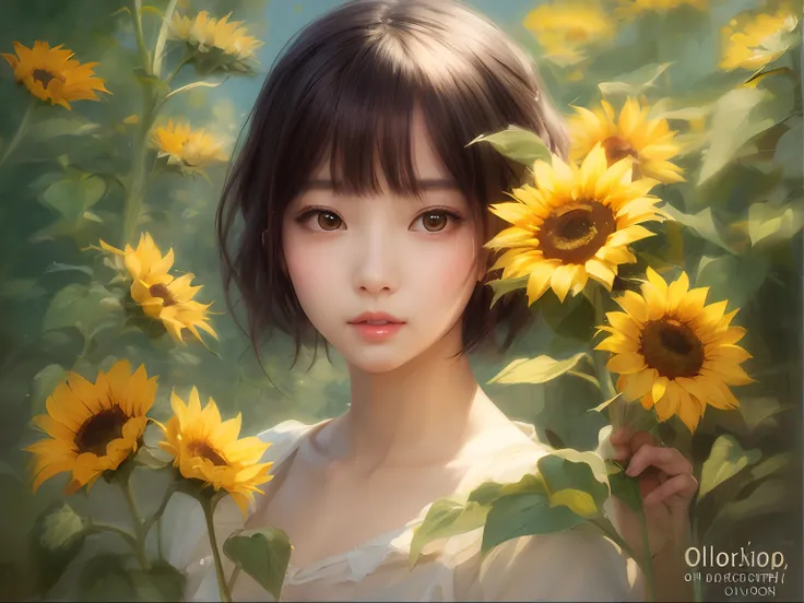 girl with sunflowers by olipop, beautiful sunflower girl, by Yang J, artwork in the style of guweiz, beautiful portrait, digital illustration, realistic cute girl