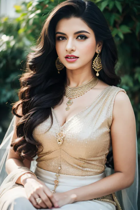 portrait of a confident-looking smiling indian woman princess with long flowing hair, hazel eyes, wearing designer jewellery, de...