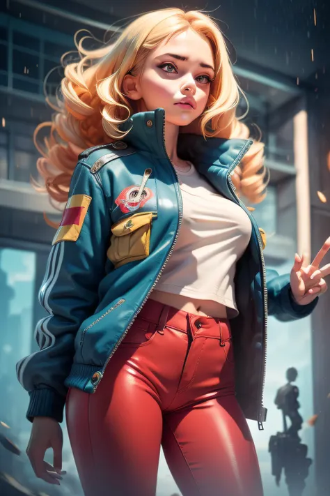 full shot, multiple perspectives, projection, 1girl, curly hair, windy, blonde, blue jacket, red pants, chiaroscuro lighting, disintegration, background: mech factory