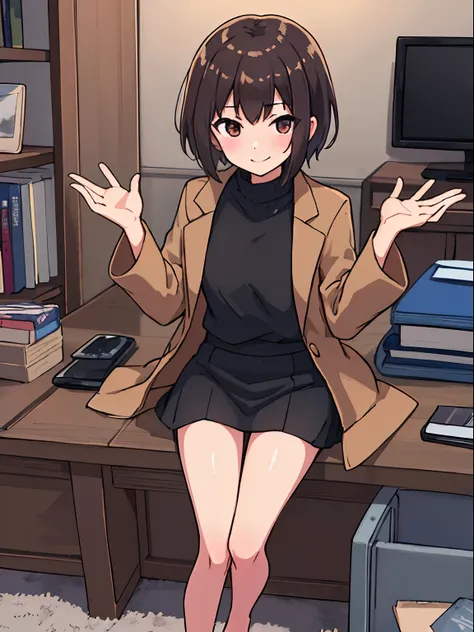 hiquality, tmasterpiece (One adult girl). short brown hair. smile on face. brown eye. The clothes: brown jacket over black sweater. blackskirt. bare feet. In the background of the room