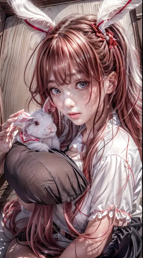 (Best quality,16k wallpaper,high resolution:1.2),Red to silver hair, wavy and long hair, Shiny hair color, Perfectly detailed face, full pouty lips, watery big eyes, Vertical pupils, reflective light, Woman with rabbit ears, Black and white shirt, Lazily l...