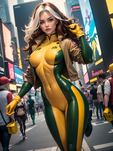 (new york: 1.3), (time square), (master piece, best quality: 1.2), Classic Rogue, 1 girl, Only, long hair, breasts, smile, big breasts, brown hair, green eyes, jacket, big hair , white hair, multicolored hair, parted lips, open clothes, shoulder blades, tw...