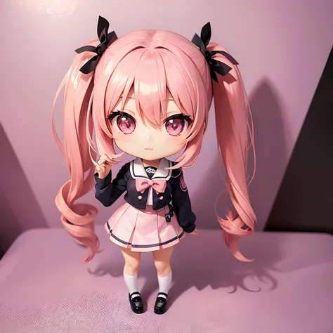 Very cute and (Beautiful Chibi Anime Girl), Solo, Simple background, Beautiful twin tails*Pink* hair,  Beautiful detailed *Pink* High School Uniform, Full body, Standing, high detailed face and *Pink* Eyes, Clearly outlined