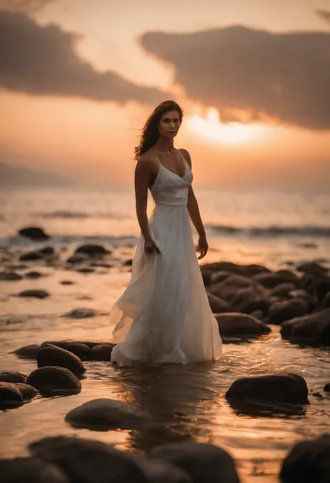 A women in a white tight silk dress standing on top of water by a beach, light painting halo in the background, lightpainting, amazing lighting effect, light art, beautiful lighting effects, light paint, diffuse lightpainting, anamorphic flares, lightpaint...