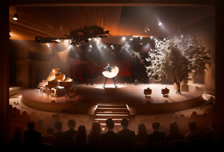 there is a stage with a woman on it and a man on a piano, backside of scenography elements, theater stage, rendering of beauty pageant, artistic impression, theatre stage, conceptual rendering, covered outdoor stage, photo render, photographic render, real...