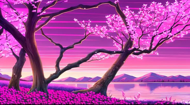 Sunset, Cartoon, lake, Cherry blossom tree