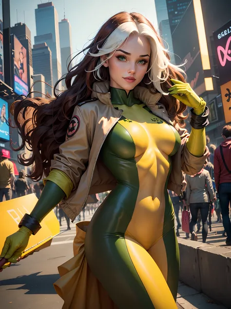 (new york: 1.3), (time square), (master piece, best quality: 1.2), Classic Rogue, 1 girl, Only, long hair, breasts, smile, big breasts, brown hair, green eyes, jacket, big hair , white hair, multicolored hair, parted lips, open clothes, Shovels, Two-tone h...