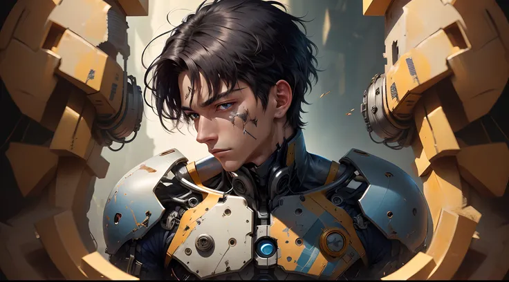 young man, short black hair with bangs, dark blue eyes, black armor with Japanese letters, destroyed medial scenery