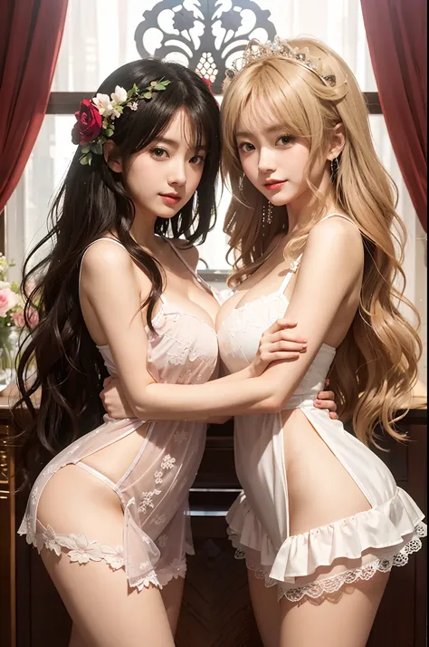 two women in lingeries posing for a picture in front of a window, wlop and sakimichan, two beautiful anime girls, loish and wlop, artwork in the style of guweiz, anime girls, [ 4 k digital art ]!!, smooth anime cg art, 8k high quality detailed art, range m...