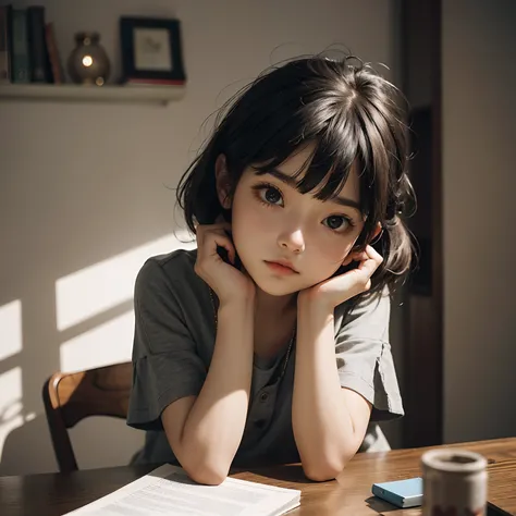 Cute little girl s　Research　Serious face　on desk　inside in room　natta　shadowy