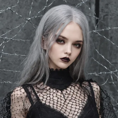 Girl with gothic net symbolic clothes, 。.com (Barbed wire of the body) brunette color hair，Gray hair ends