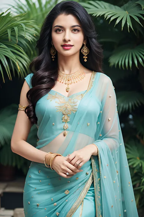 portrait of a confident-looking smiling happy indian woman princess with long flowing hair, hazel eyes, wearing designer jewelle...