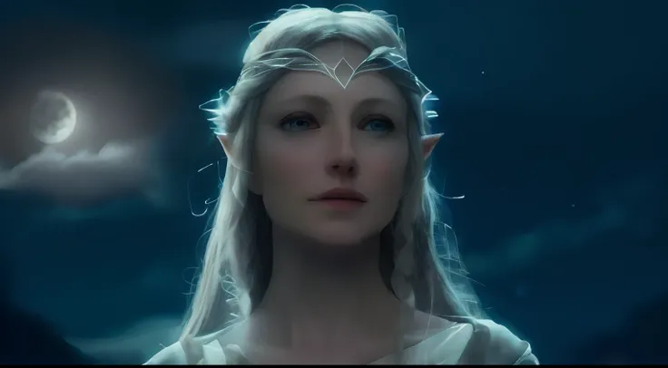 Galadriel having a starry sky in the background with the full moon