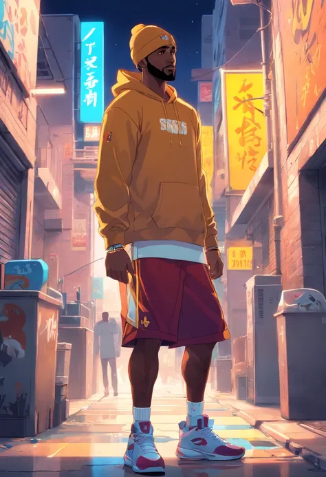 lebron james cup head art style, graffiti, full body illustration Kobe Bryant in silhouette, wearing a hoodie hip hop clothing, gangster pose, basketball in hand, minimalistic, rtx, UHD, cell shading, 32k, ray tracing, well defined, comic, digital painting...