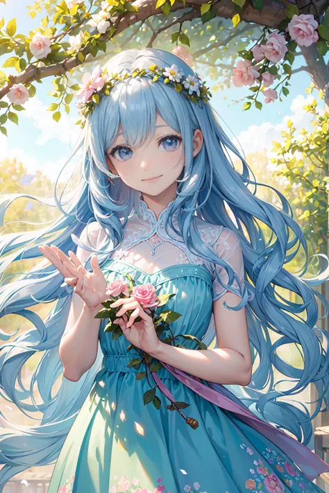 (best quality,ultra-detailed,photorealistic:1.37),colorful,ethereal lighting,soft pastel tones,blissful atmosphere,flower garden,daytime,summer vibes,joyful expression,cheerful smile,twinkling stars,sparkling eyes,long wavy hair,flowing dress,tiny butterfl...