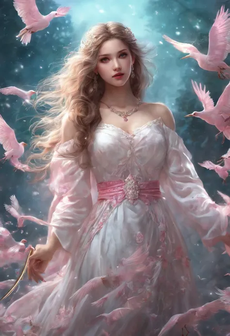 (best qualtiy，tmasterpiece), Beautiful teenage girl, Beautiful goddess, Sexy goddess, Sword Fairy, Royal Sword Flight, Floating in the air, white crane, The right hand, One shoulder, A long flowing dress, silber hair, Clothing Hairstyle clothing,  Beautifu...