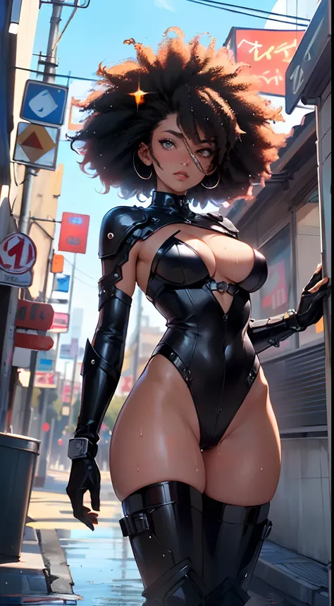 girl spacepunk,(((1girl))),((cute and beautiful afro haired girl)),((((black race)))),

(large breasts:1.4),saggy breasts,((((black afro hair:1.35,((afro hair:1.35)),afrohair,afro:1.35,dark hair,black hair,)))),medium hair, red:1.5,(((heterochromia:1.5,(on...