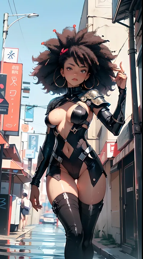 girl spacepunk,(((1girl))),((cute and beautiful afro haired girl)),((((black race)))),

(large breasts:1.4),saggy breasts,((((black afro hair:1.35,((afro hair:1.35)),afrohair,afro:1.35,dark hair,black hair,)))),medium hair, red:1.5,(((heterochromia:1.5,(on...