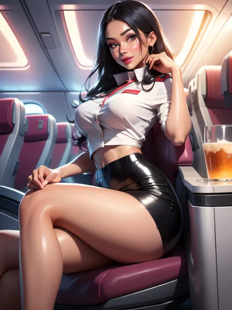 (sexy girl 25 years old),stunning girl, flight attendant,beautifull face,red lips,tight skirt,(white aviator shirt), bare legs,big thighs,big tits, black hair, dark eyes, looking at viewer, bright skin, (shiny skin:1.2), upper body,smiling subtly,atractive...