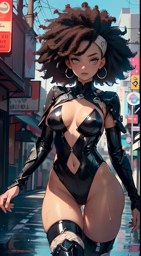 girl spacepunk,(((1girl))),((cute and beautiful afro haired girl)),((((black race)))),

(large breasts:1.4),saggy breasts,((((black afro hair:1.35,((afro hair:1.35)),afrohair,afro:1.35,dark hair,black hair,)))),medium hair, red:1.5,(((heterochromia:1.3))),...