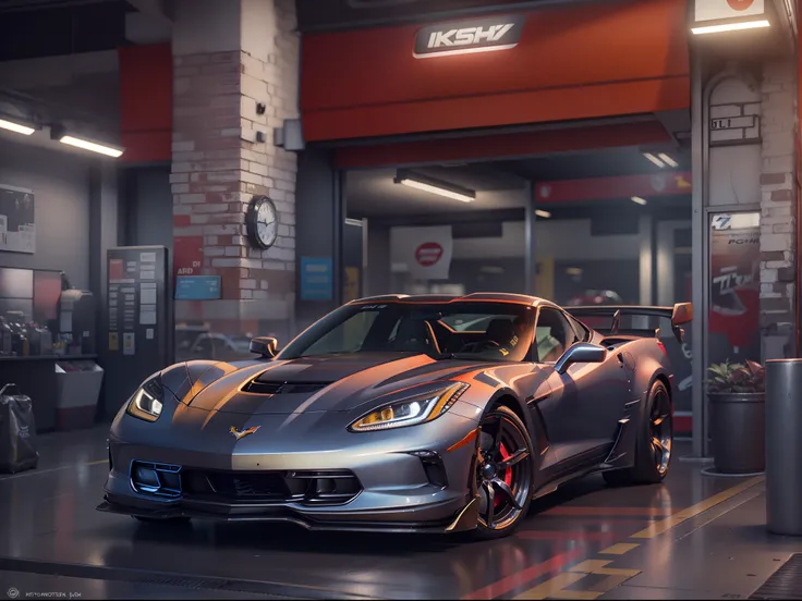 une voiture de sport  dans une station-service, chevrolet corvette, chevrolet, With elements of the ZR1, 3D Rendering », rendu raytracing, Rendu parfait, Hyper realistic rendering, Hyper real rendering, Photorealistic Rendering, Photorealistic Rendering, R...