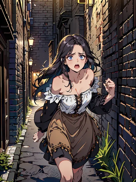 village girl, medieval era, long black hair, dark blue eyes, 18 years old, cute face, medium breasts, brown skirt, white blouse, exposed shoulders, beautiful, tall body, (((A young girl running in an alley way))), (((scared, worried, screaming))), (((alley...