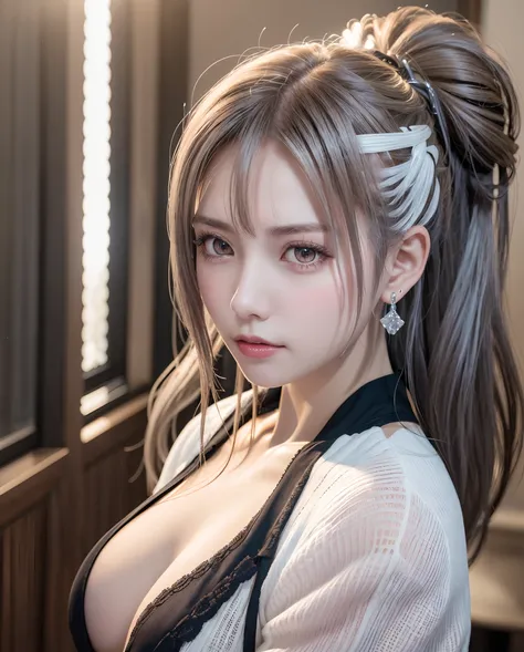 (Best Quality, masutepiece:1.2), 超A high resolution, Realistic, Front lighting, intricate detailes, Exquisite details and textures, 1girl in, Solo ,(年轻), Face Highlight, Upper body, Detailed face, Tear mole, White skin, Silver hair, Ponytail, Braid hair, L...