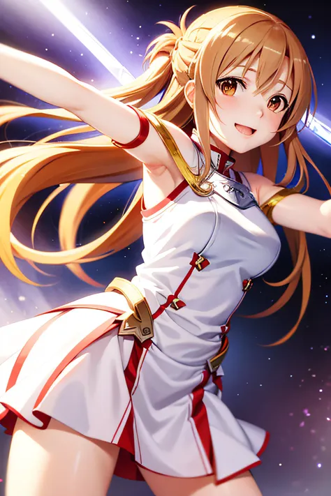 Asuna,light smile,sexy,sword, holding weapon, white dress, armor, floating hair, red skirt, holding sword, outstretched arm, best quality