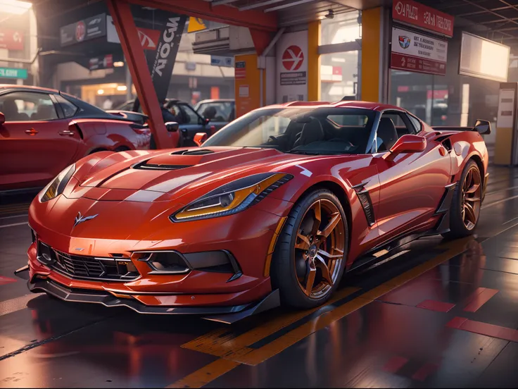 une voiture de sport  dans une station-service, red car, chevrolet corvette, chevrolet, With elements of the ZR1, 3D Rendering », rendu raytracing, Rendu parfait, Hyper realistic rendering, Hyper real rendering, Photorealistic Rendering, Photorealistic Ren...