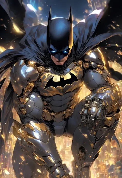 Batman wears a gold and silver robot suit