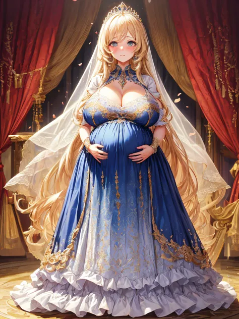 (masterpiece, best quality,extremely detailed:1.1),(moe anime art style:1.2),1girl,((full body,focus face)),((solo)), cute, kawaii,digital art,((1 bling-bling pregnant princess wearing beautiful embroidery and jeweled gorgeous rococo ballgown with jeweled ...