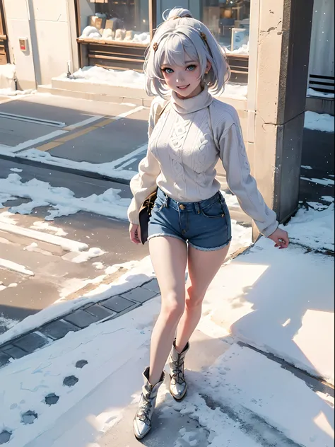 Noelle(genshin impact), extremely detailed, 1 girl,snowy, winter,((( wearing cream sweater))),(((tight tiny denim shorts))),realistic anime, 4k, wallpaper, smiling,wide hips, small breasts,(((Street))), white hairs, blue eyes, full body